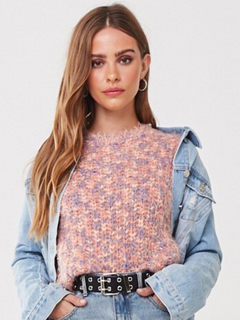 

FOREVER 21 Women Peach-Coloured Self Design Pullover Sweater