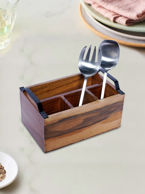 

nestroots Brown & Black Wooden Cutlery Stand With Fork & Spoon Set