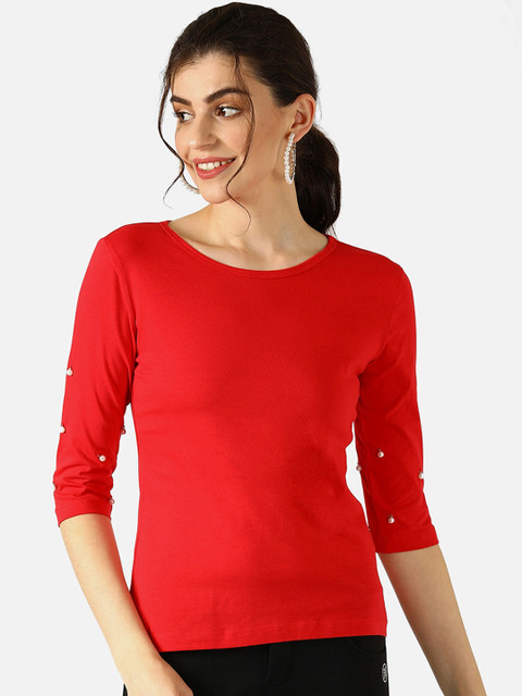 

V2 Value & Variety Red Pearls Embellished Chambray Top
