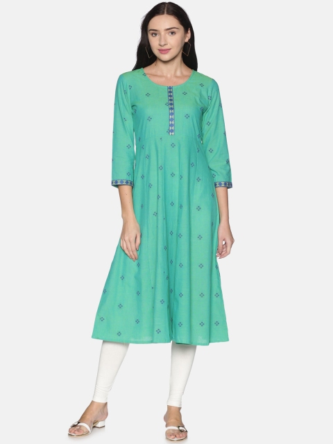 

Saffron Threads Women Sea Green Ethnic Motifs Embroidered Thread Work Dobby Anarkali Kurta