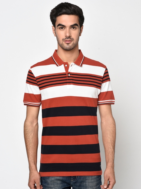 

Octave Men Rust Orange & Black Striped Polo Collar T-shirt