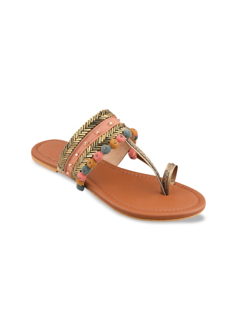 

KALTHEOS Women Gold-Toned & Peach-Coloured Braided Embellished One Toe Flats
