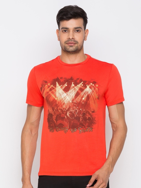 

Globus Men Coral Orange Cotton Printed Round Neck T-shirt