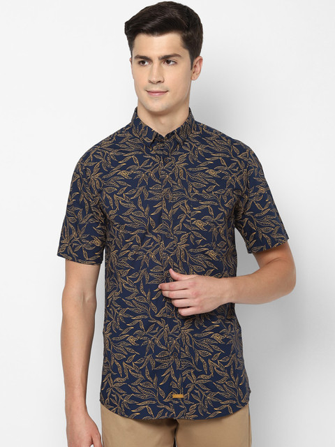 

Allen Solly Men Navy Blue & Mustard Yellow Slim Fit Printed Casual Shirt