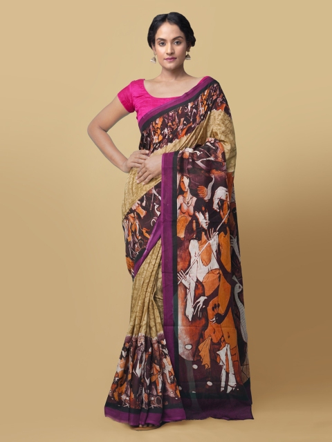 

Unnati Silks Brown Silk Blend Printed Block Print Saree
