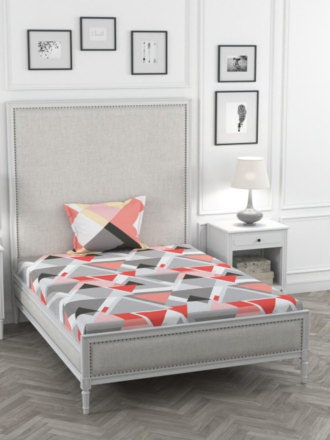 Portico New York Grey & Pink Geometric 144 TC Cotton 1 Single Bedsheet with 1 Pillow Covers