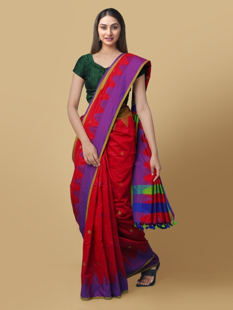 

Unnati Silks Red & Green Pure Linen Woven Design Jamdani Handloom Saree