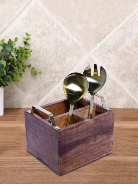 

nestroots Brown & Gold-Toned Stainless Steel Cutlery Set With Wooden Stand