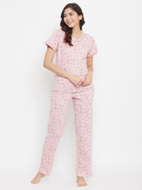 

Clovia Women Pink & Grey Floral Printed Night Suit