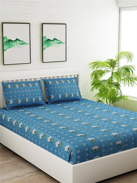 

Salona Bichona Blue Floral 144 TC Cotton 1 Queen Bedsheet with 2 Pillow Covers