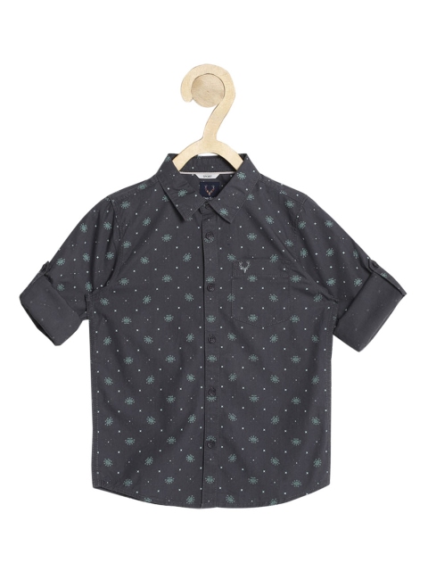 Allen Solly Junior Boys Charcoal Grey & Green Slim Fit Printed Pure Cotton Casual Shirt