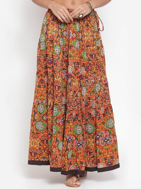 

KSUT Women Orange & Green Printed Maxi Flared Skirt