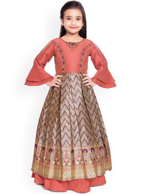 

BETTY Girls Peach-Coloured Printed Ethnic Gown Dress