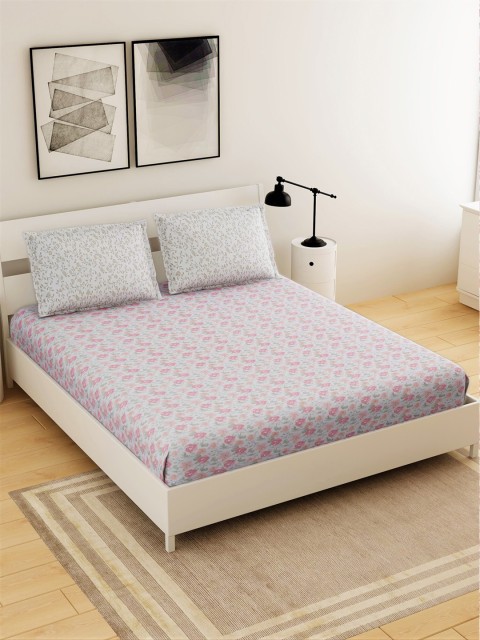 

Salona Bichona White & Pink Floral 144 TC Cotton 1 King Bedsheet with 2 Pillow Covers