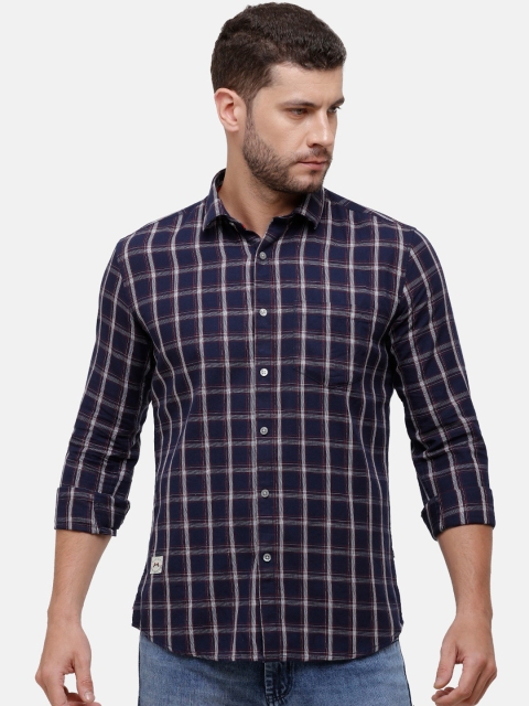 

Alan Scott Men Navy Blue Regular Fit Checked Pure Cotton Casual Shirt