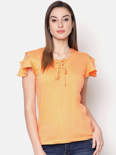 

V2 Value & Variety Orange Tie-Up Neck Cold Shoulder Chambray Top