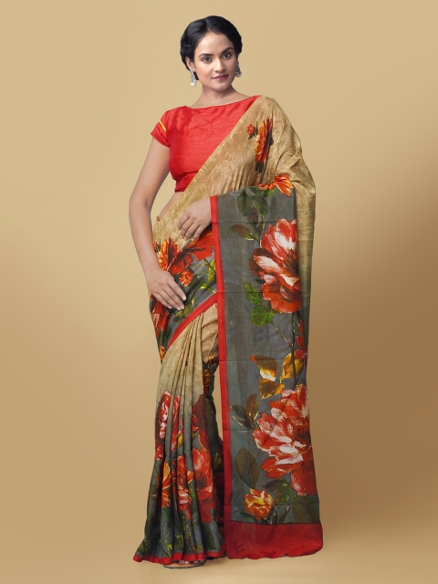 

Unnati Silks Brown Silk Blend Printed Block Print Saree