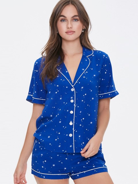

FOREVER 21 Women Blue & White Printed Night suit