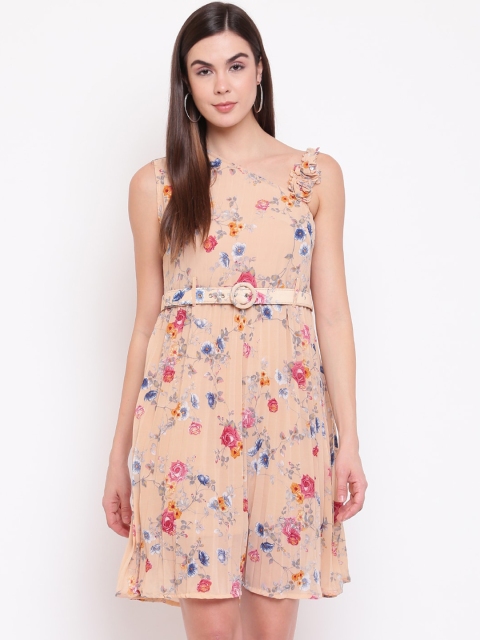 

Ashnaina Women Beige & Pink Printed A-line Dress Dress with Belt