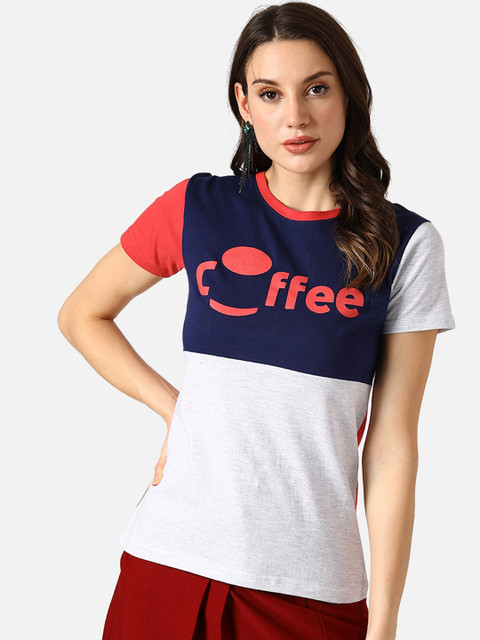 

V2 Value & Variety Navy Blue & White Colourblocked Chambray Regular Top