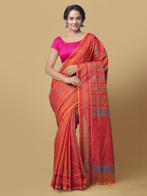 

Unnati Silks Orange & Red Pure Cotton Woven Design Mysore Silk Handloom Saree