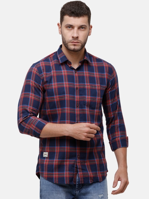 Alan Scott Men Red & Blue Regular Fit Checked Pure Cotton Casual Shirt