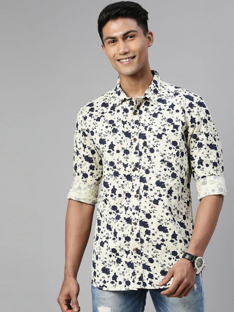 

William White Men Cream-Coloured & Navy Blue Slim Fit Printed Casual Shirt