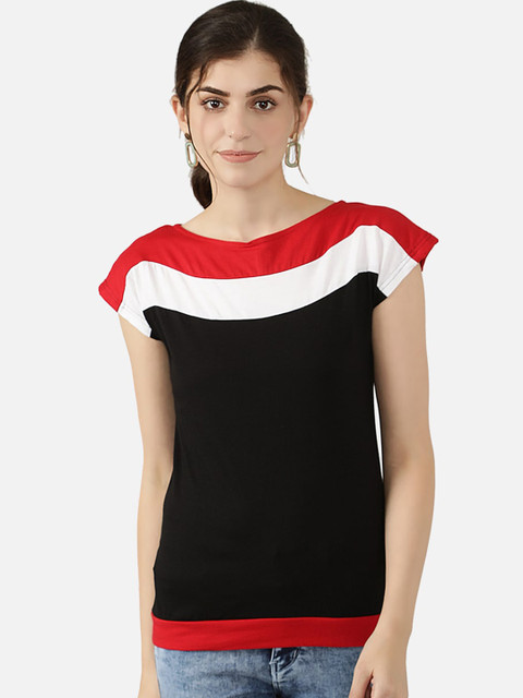 

V2 Value & Variety Black & Red Colourblocked Chambray Regular Top