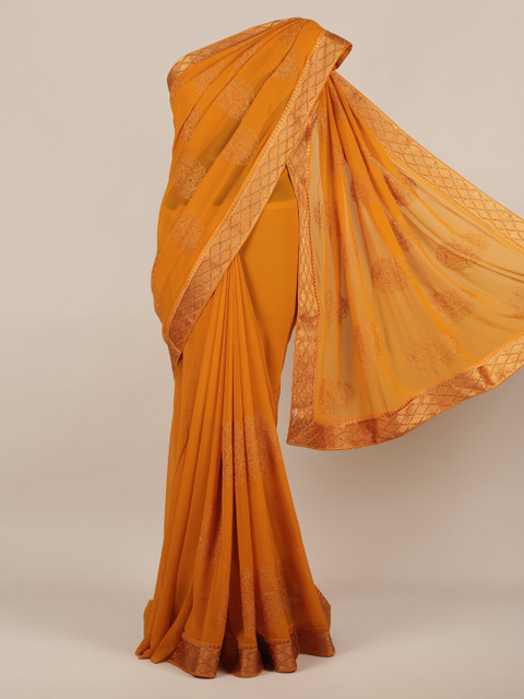 

Pothys Orange Solid Poly Chiffon Saree