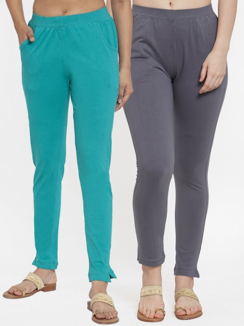 

TAG 7 Women Pack Of 2 Solid Straight-Fit Ankle-Length Leggings, Turquoise blue