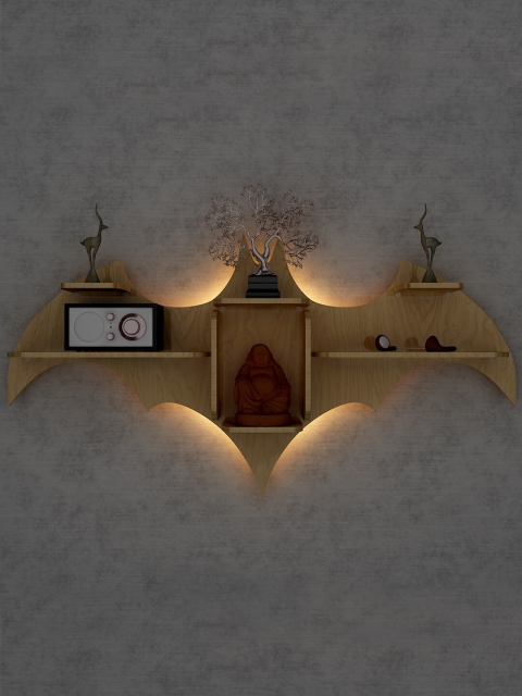 WALLMANTRA Beige Bat Shaped MDF Basic Wall Shelf