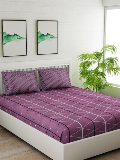 

Salona Bichona Unisex Purple Striped Printed 1 King Bedsheet With 2 Pillow Cover