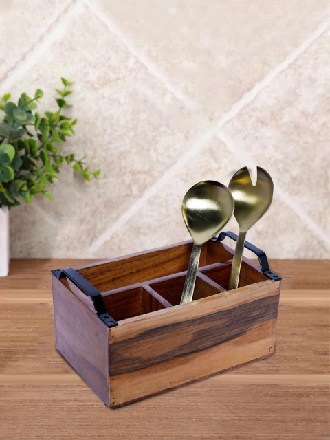 

nestroots Brown & Gold-Toned Cutlery Stand With Fork & Spoon Set