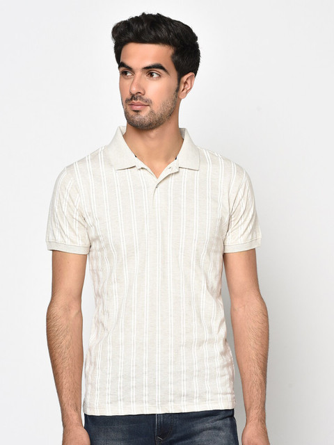 

Octave Men Cream-Coloured Striped Polo Collar T-shirt