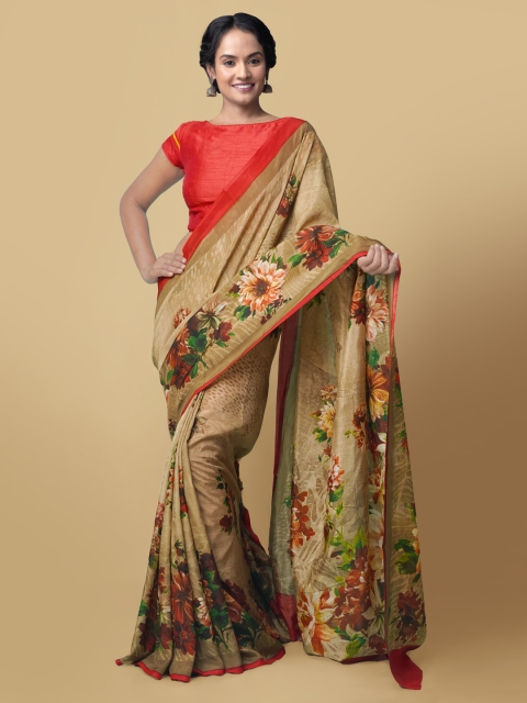 

Unnati Silks Brown Silk Blend Printed Block Print Saree