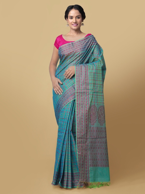 

Unnati Silks Blue Pure Cotton Checked Mysore Silk Saree