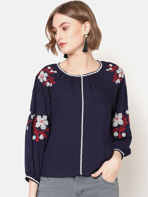 

V2 Value & Variety Navy Blue Floral Embroidered Bishop Sleeves Regular Top