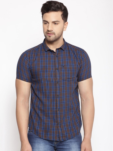 

SHOWOFF Men Blue & Orange Cotton Classic Slim Fit Checked Casual Shirt