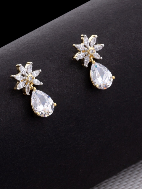 

Studio Voylla Gold-Plated White Floral CZ Studded Drop Earrings