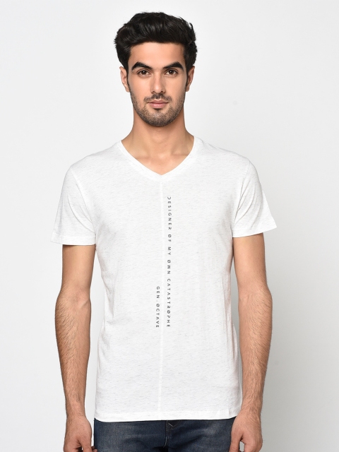 

Octave Men White Printed V-Neck T-shirt