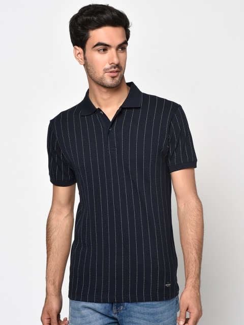 

Octave Men Navy Blue Striped Polo Collar T-shirt