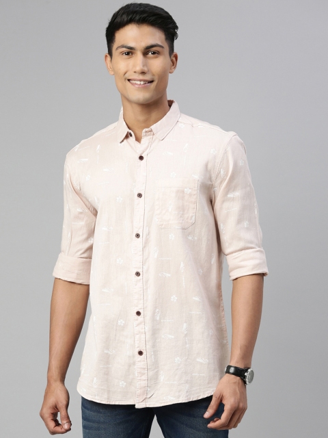 

William White Men Cream-Coloured Slim Fit Printed Casual Shirt