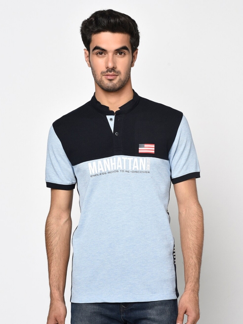 

Octave Men Sky Blue Colourblocked Henley Neck T-shirt