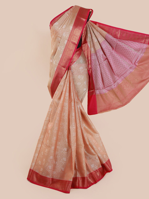 

Pothys Peach-Coloured & Red Cotton Blend Woven Design Saree