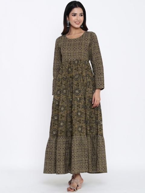 

kipek Women Green Printed Flared Sleeves Thread Work Anarkali Kurta
