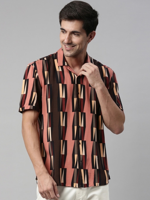 

RARE RABBIT Men Pink & Black Abstract Print Cotton Casual Shirt