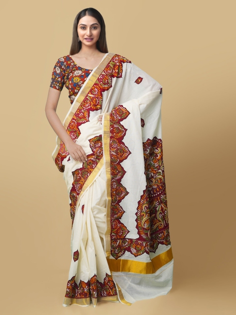 

Unnati Silks Cream-Coloured & Brown Pure Cotton Printed Kasavu Saree