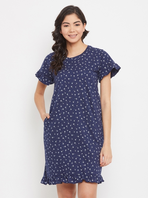 

Clovia Blue & White Printed Nightdress With Pocket