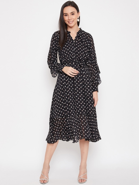 Madame Women Black & White Printed Fit and Flare Dress with Belt