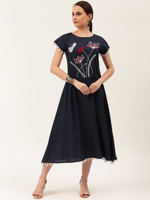 

Rustorange Women Navy Blue Embroidered Fit and Flare Dress